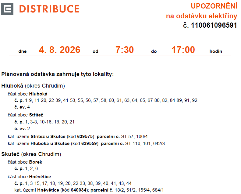 Odstávka elektřiny 4.8.2026